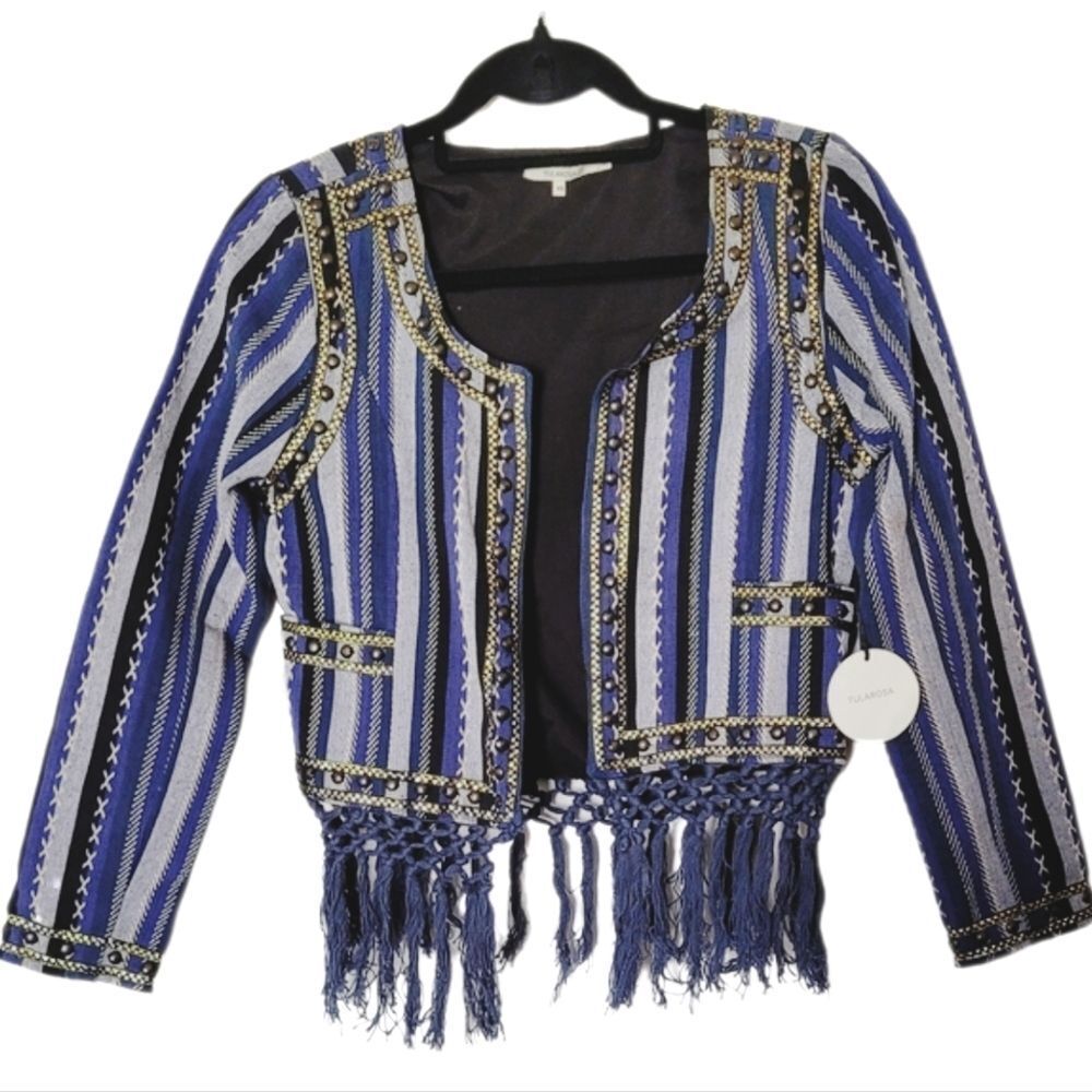 TULAROSA Blue and Black Fringe Jacket XS